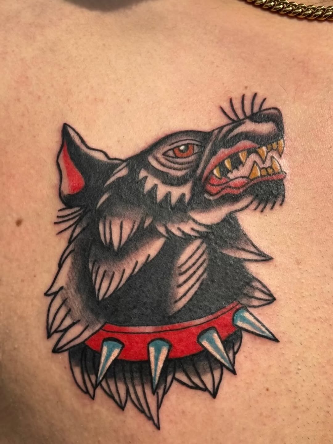 Wolf head with spiked collar realism tattoo on the chest by 🌛 𐌀𐌋𐌄𐋄𐌉𐌔 🌜