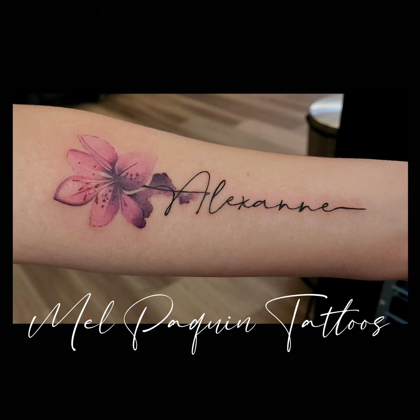 Tattoo by @melpaquintattoos — watercolor, lettering_script