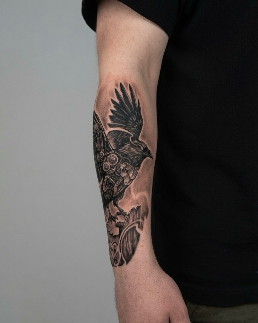 Crow geometric tattoo on the forearm by Dmitrii Damoer, New York, New York