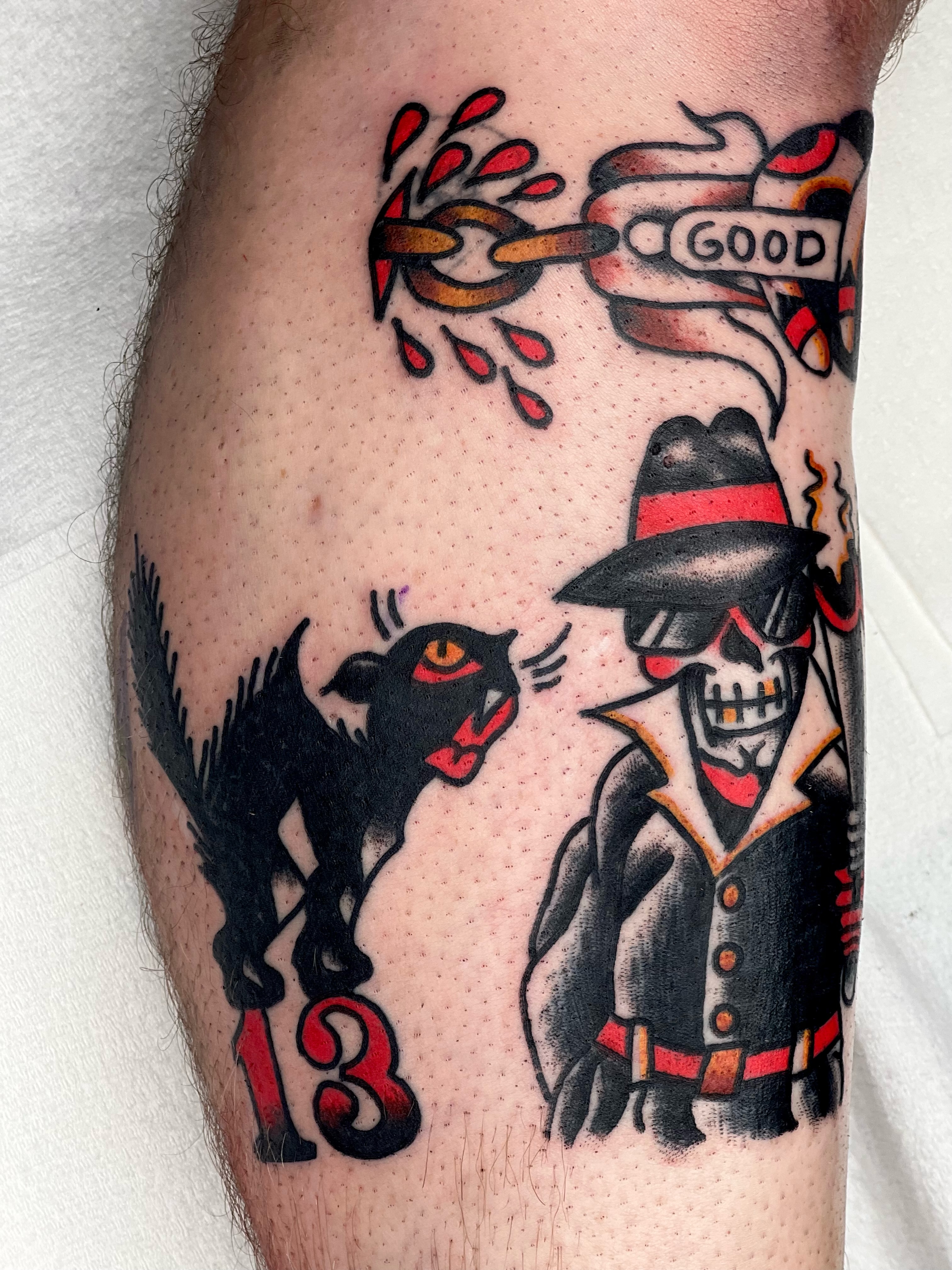 Panther and skeleton American traditional tattoo on the forearm by Christopher Durao