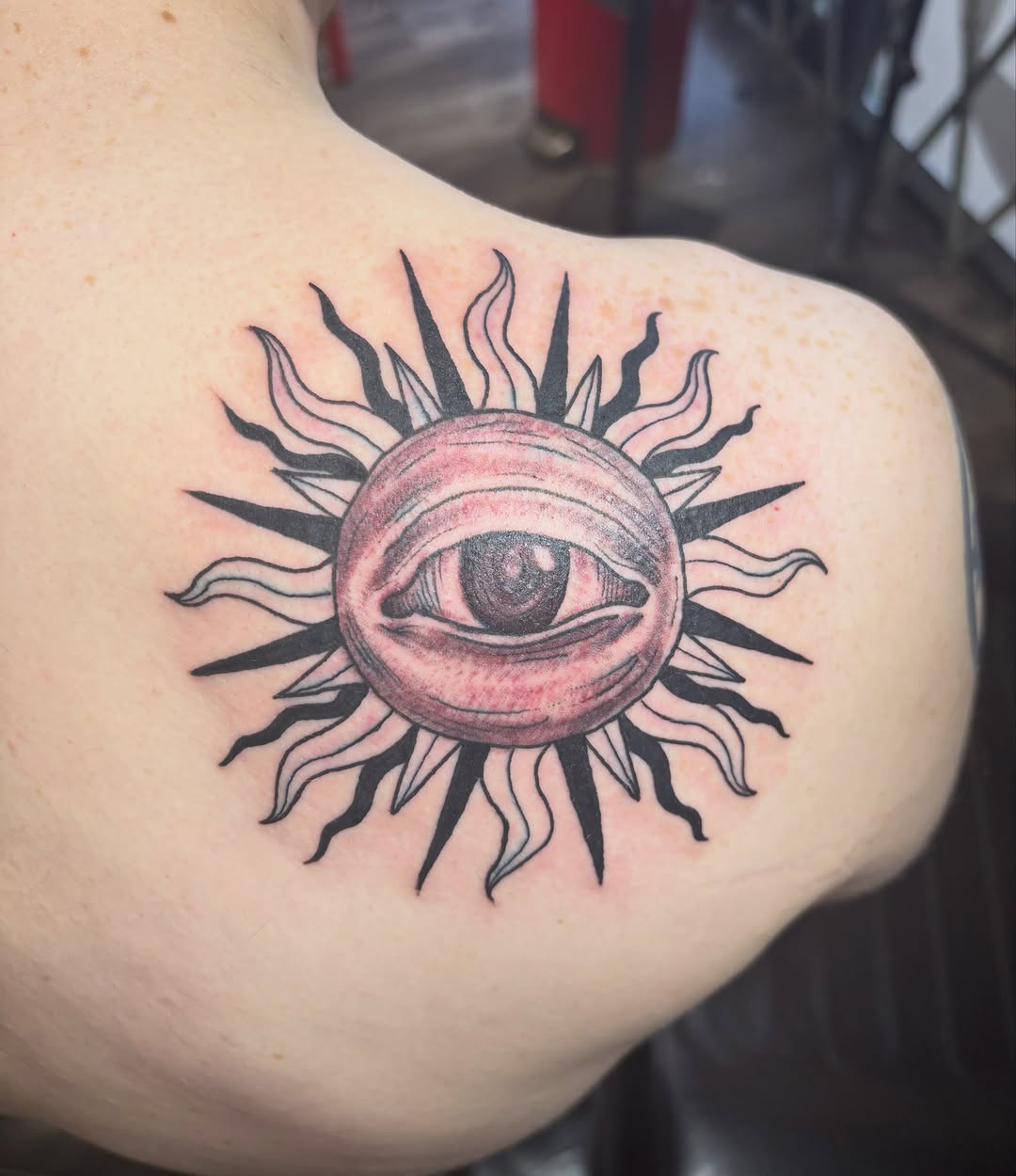 All-seeing eye sun geometric tattoo on the shoulder by ⚓️Jake