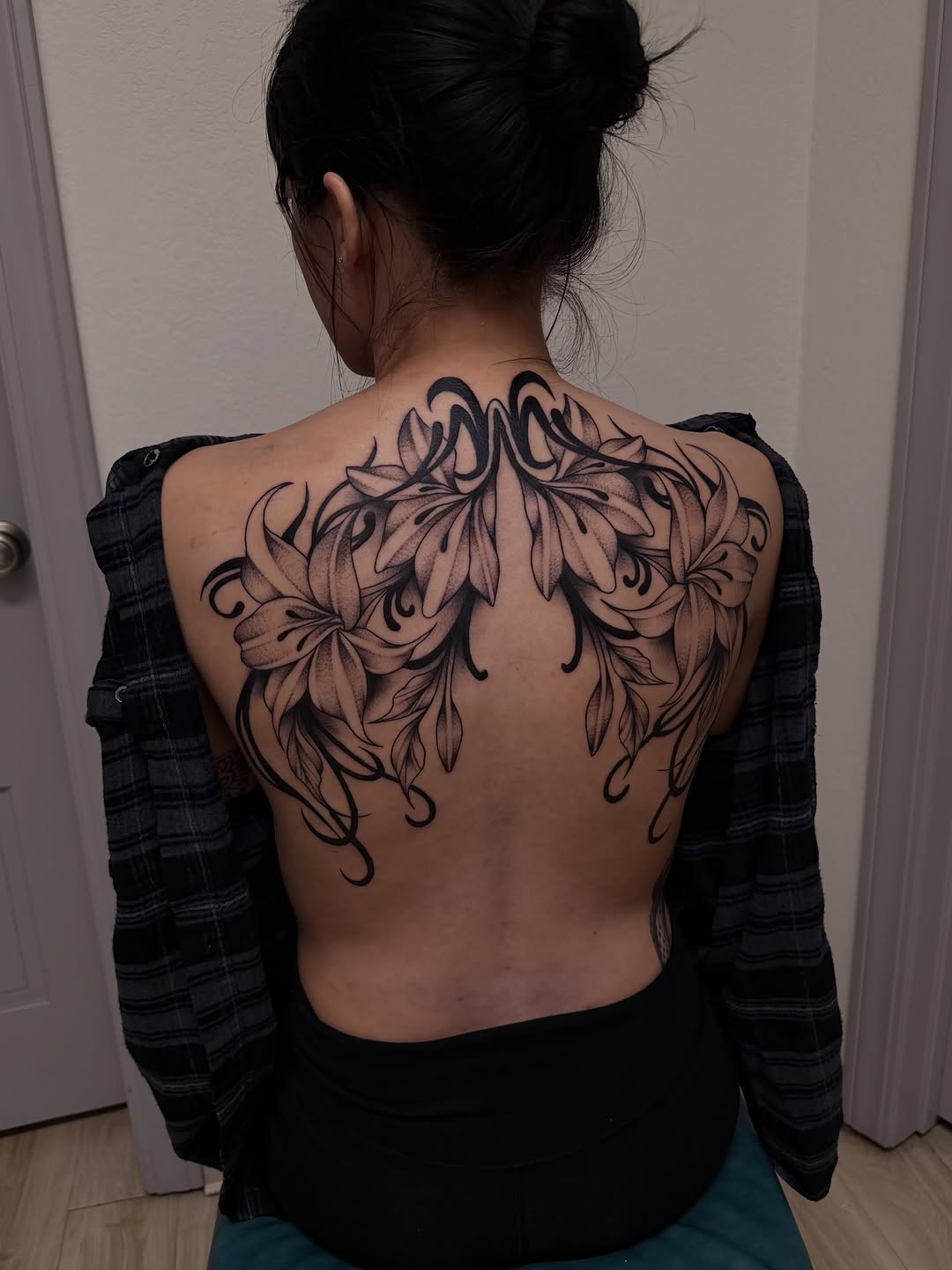 Floral back piece fine line tattoo on the back by Nadia ★