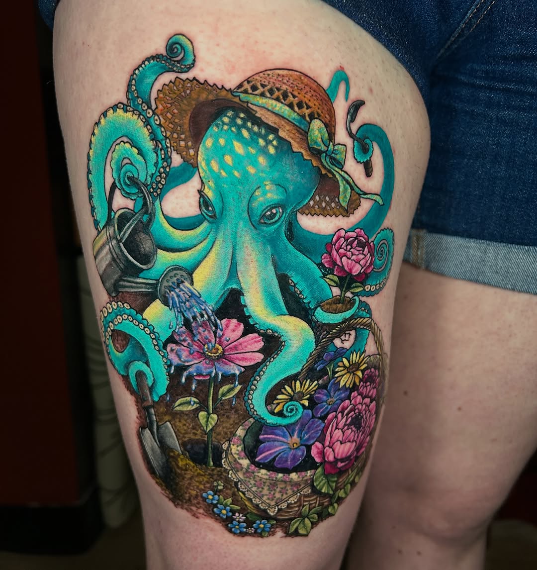 Octopus gardening watercolor tattoo on the thigh by Paisley Diaz, Lombard, Illinois
