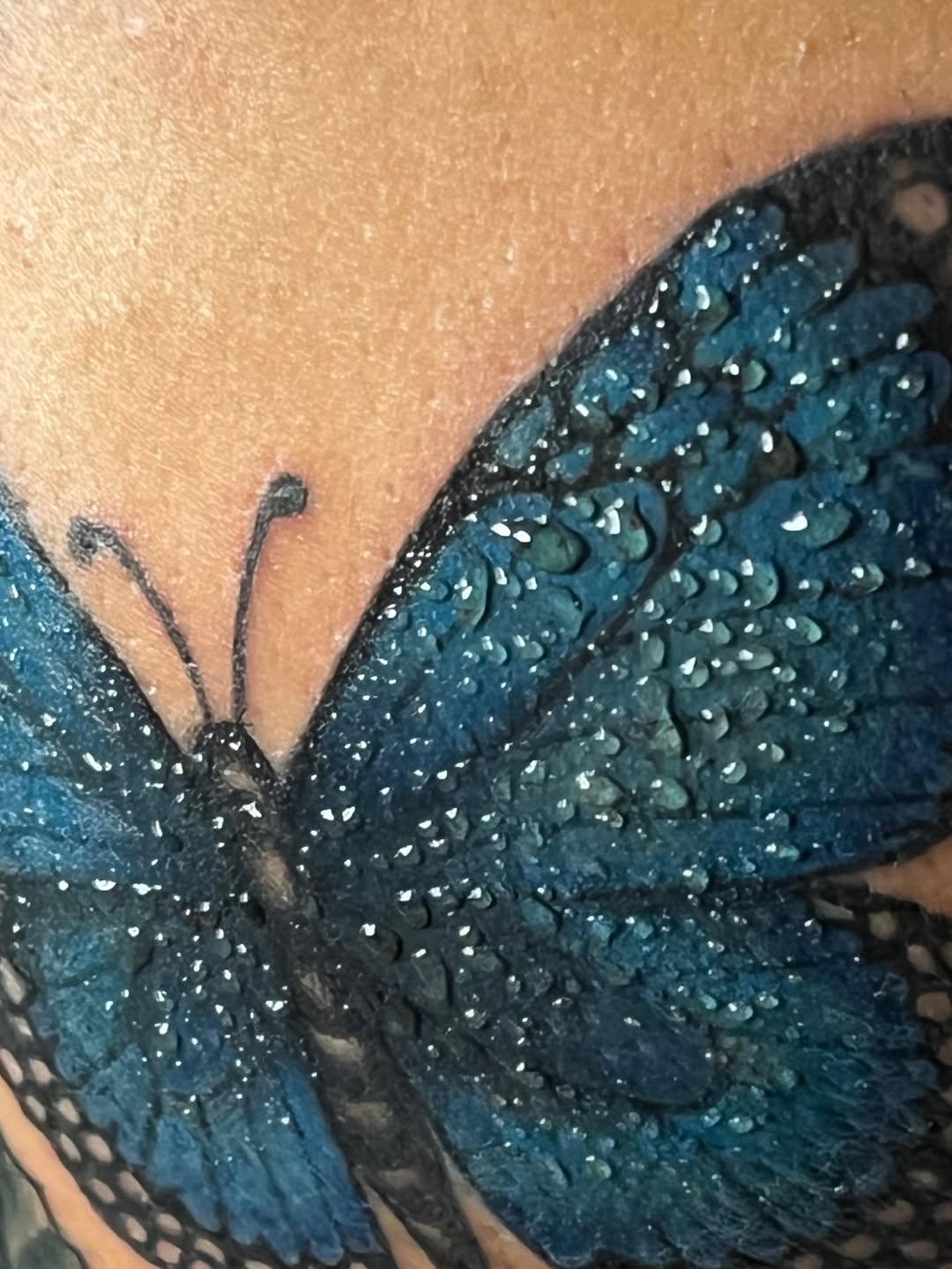 Blue butterfly with water droplets fine line tattoo on the chest by Doll The Tattoo Artist, Addison, Texas