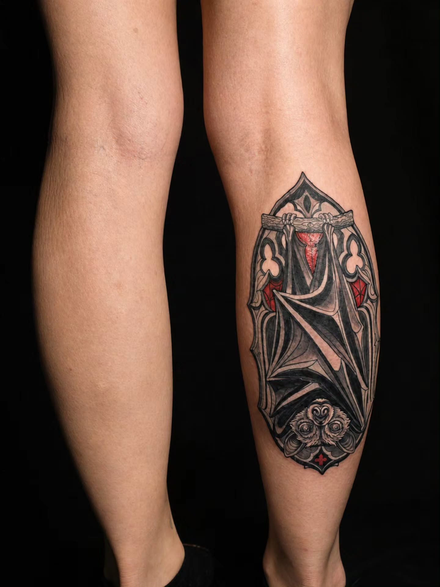 Gothic window geometric tattoo on the calf by 𝕷𝖚𝖈𝖎𝖉