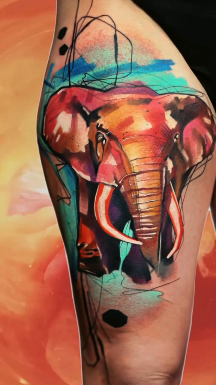 Elephant tattoo watercolor tattoo on the thigh by Ivana Belakova
