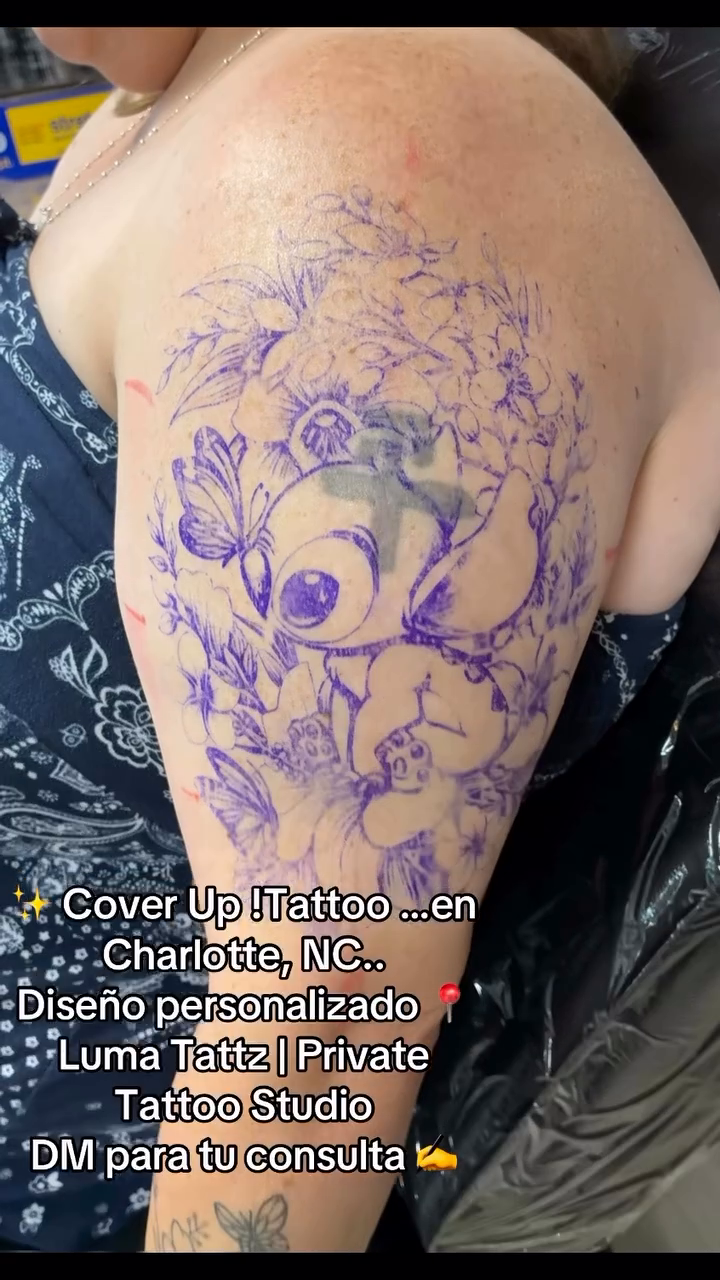 Floral cover-up tattoo with skull elements tattoo on the back by Tattzbyluma, Charlotte, North Carolina
