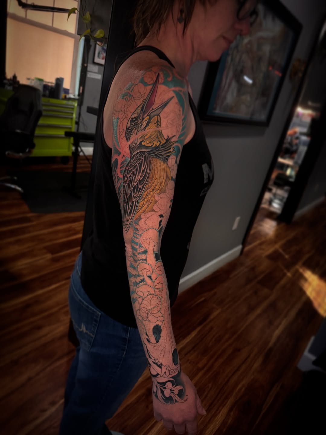 Crane and skull sleeve Japanese tattoo on the forearm by David goldstein