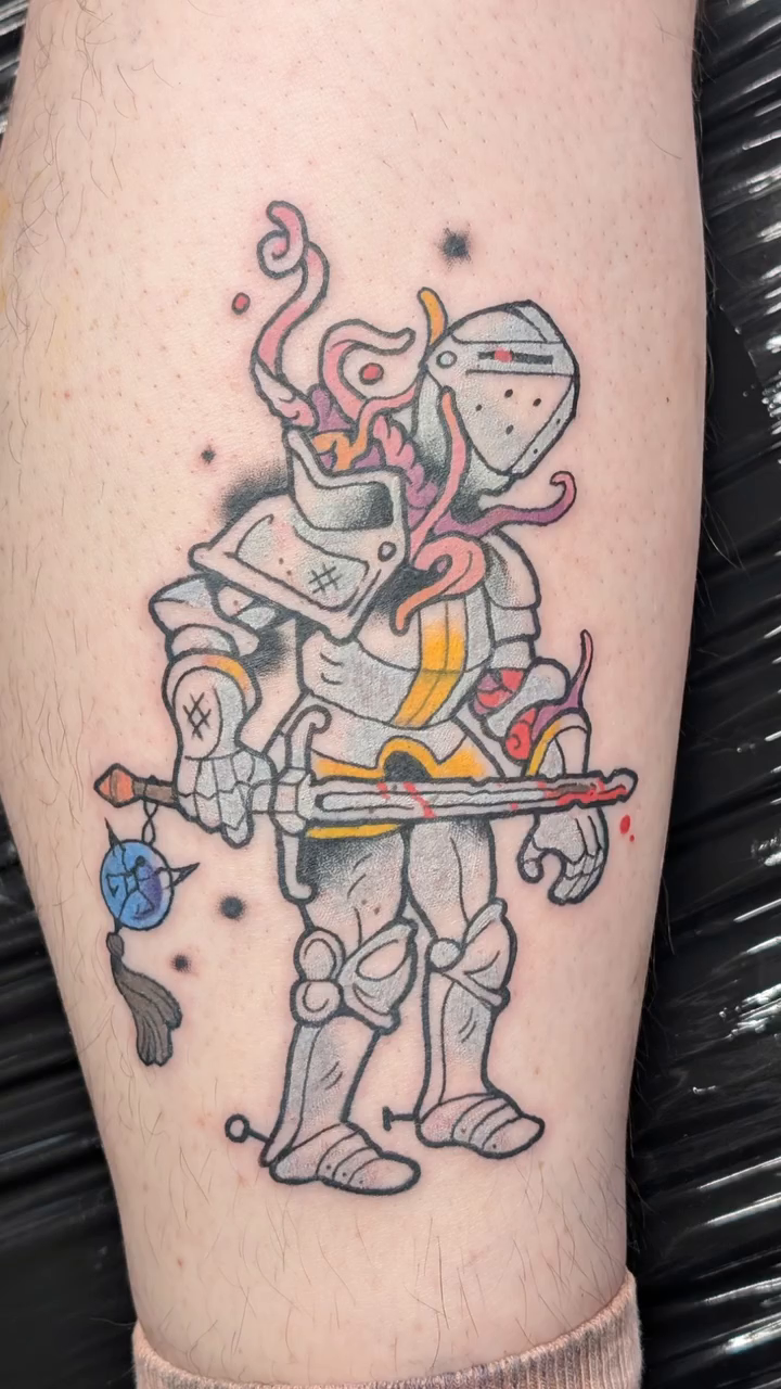 Knight with octopus head American traditional tattoo on the forearm by norn noszka