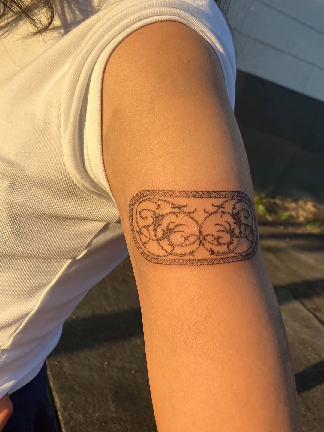 Ornamental band with filigree cyber sigilism tattoo on the forearm by Sashka