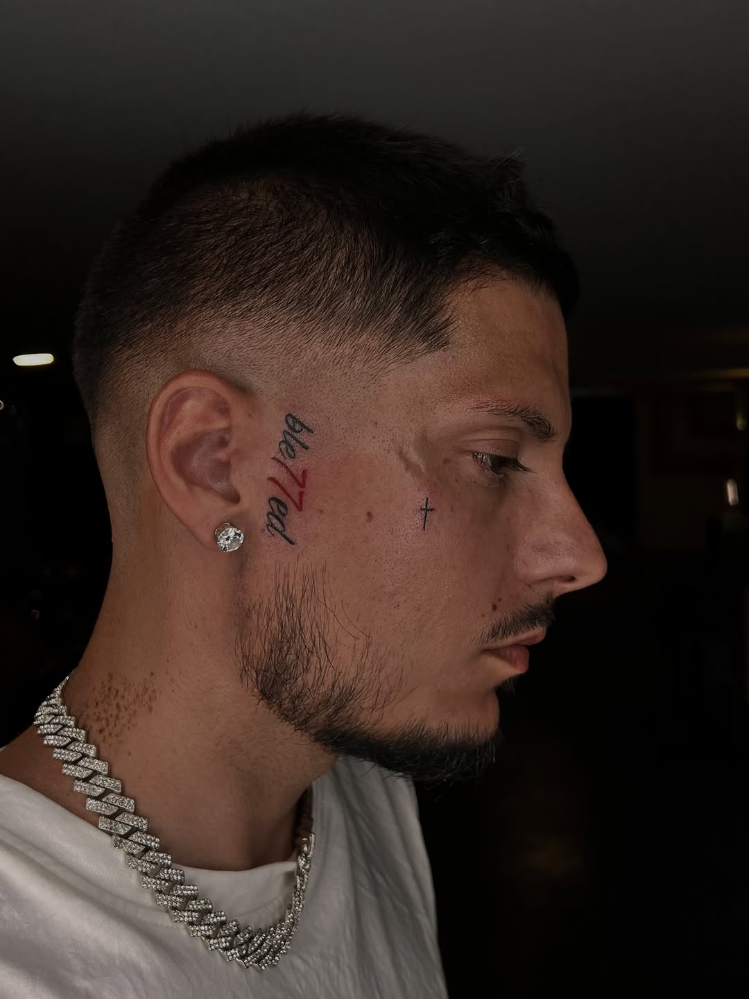 Blessed text and cross tattoo on the head by Tattoo (Réaliste), Toulouse, Occitanie