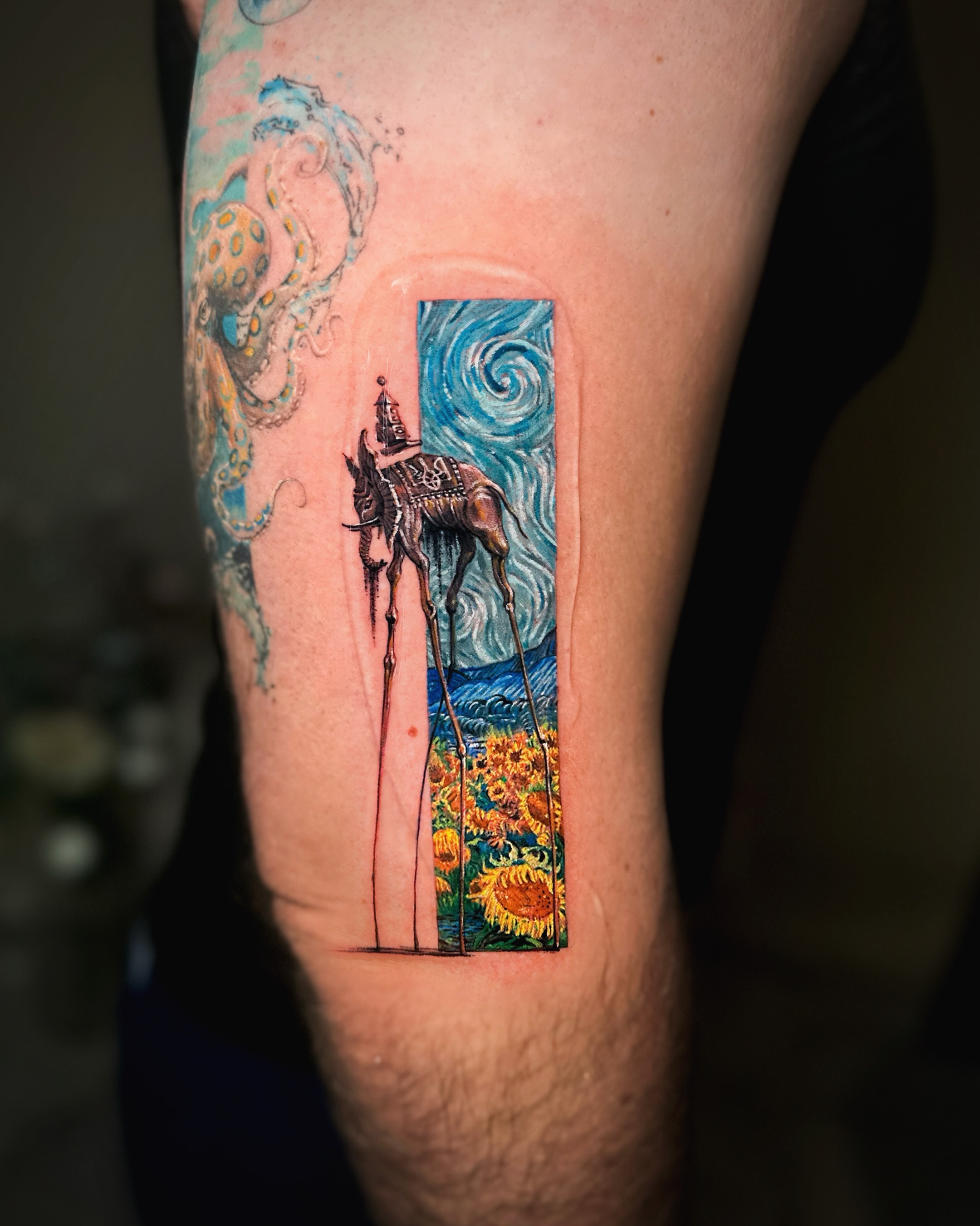 Donkey with tower illustrative tattoo on the thigh by Lani  라니