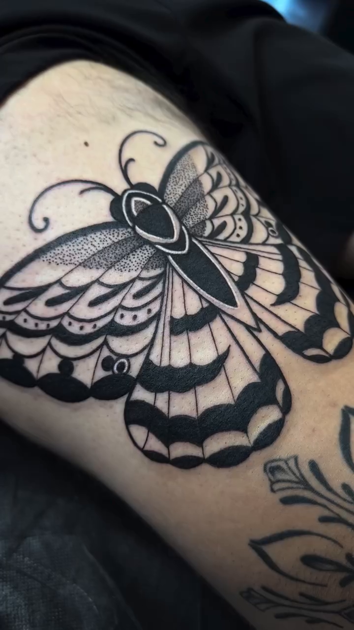 Moth tattoo fine line tattoo on the upper arm by Ciera Farni, Murray, Utah