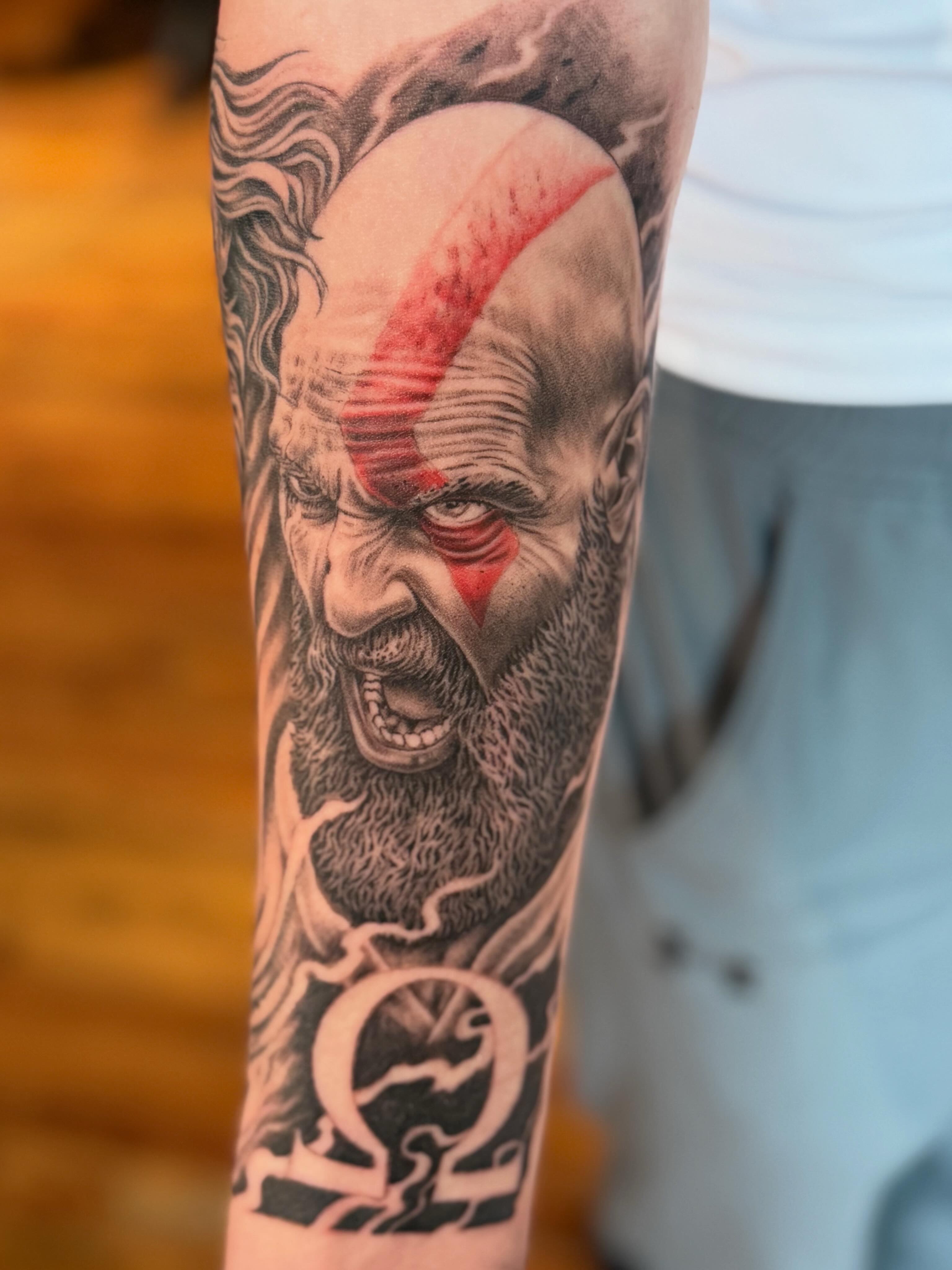Kratos from God of War realism tattoo on the forearm by Vincent C DiBiaso, Covington, Kentucky