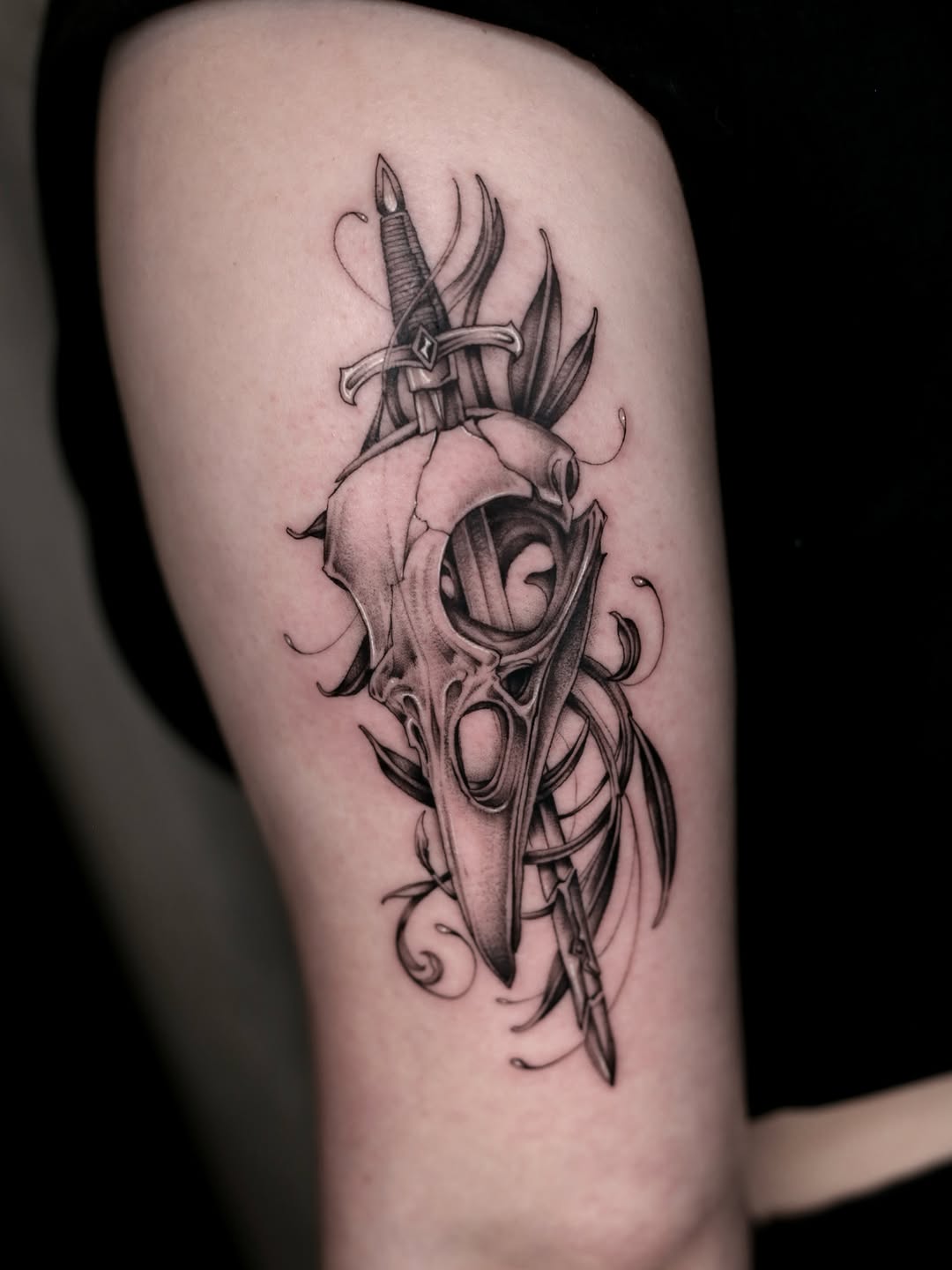 Raven skull with swords sketch tattoo on the thigh by Steve Franciosa
