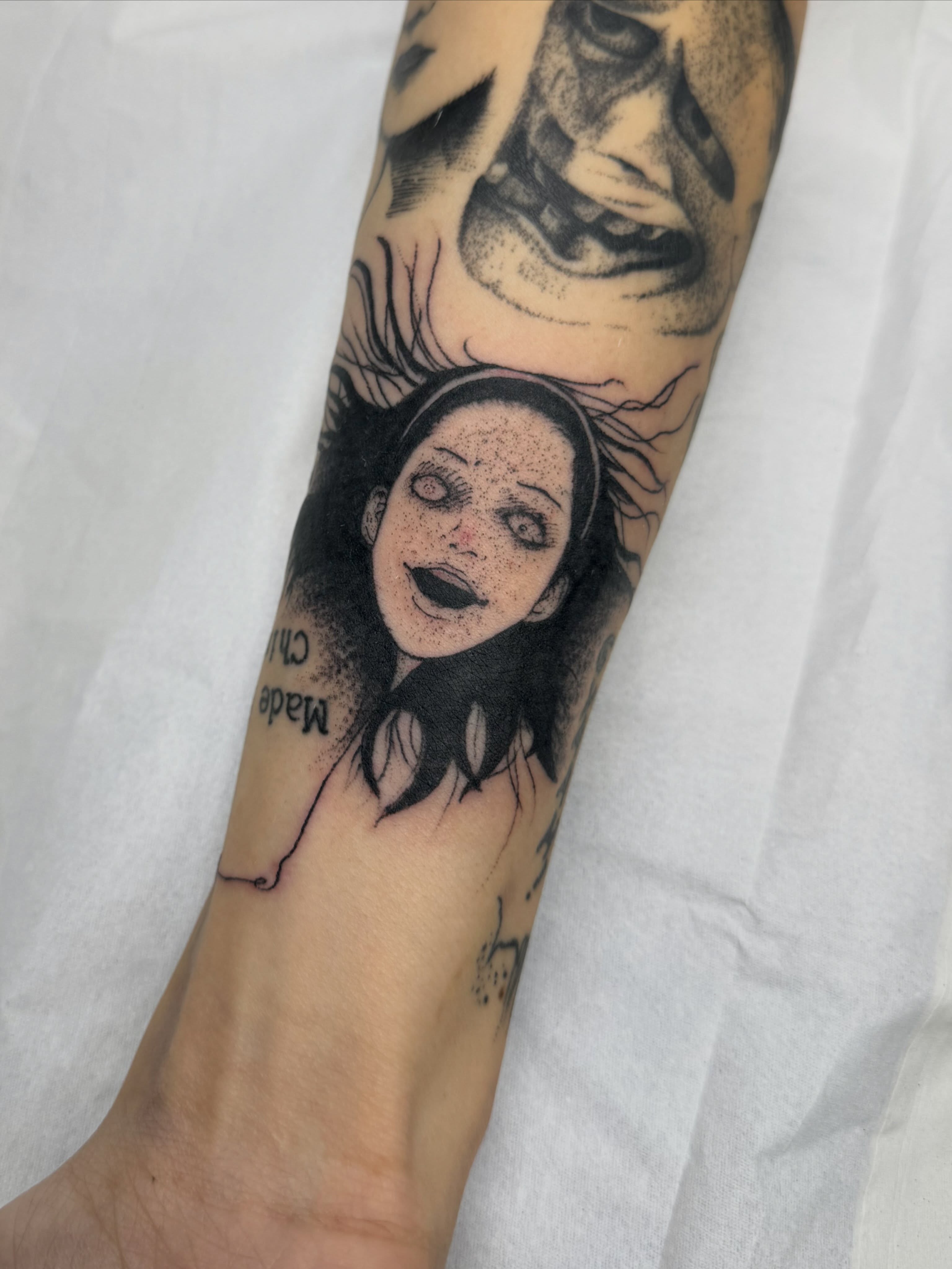 Tattoo by @neildoestattoos — dotwork, anime