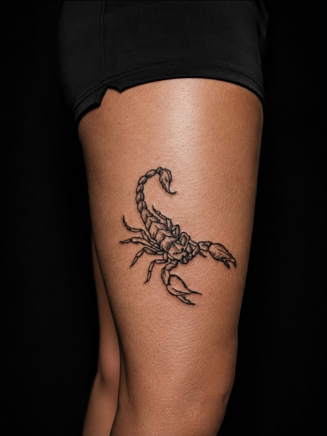 Scorpion fine line tattoo on the thigh by Montero Ink™