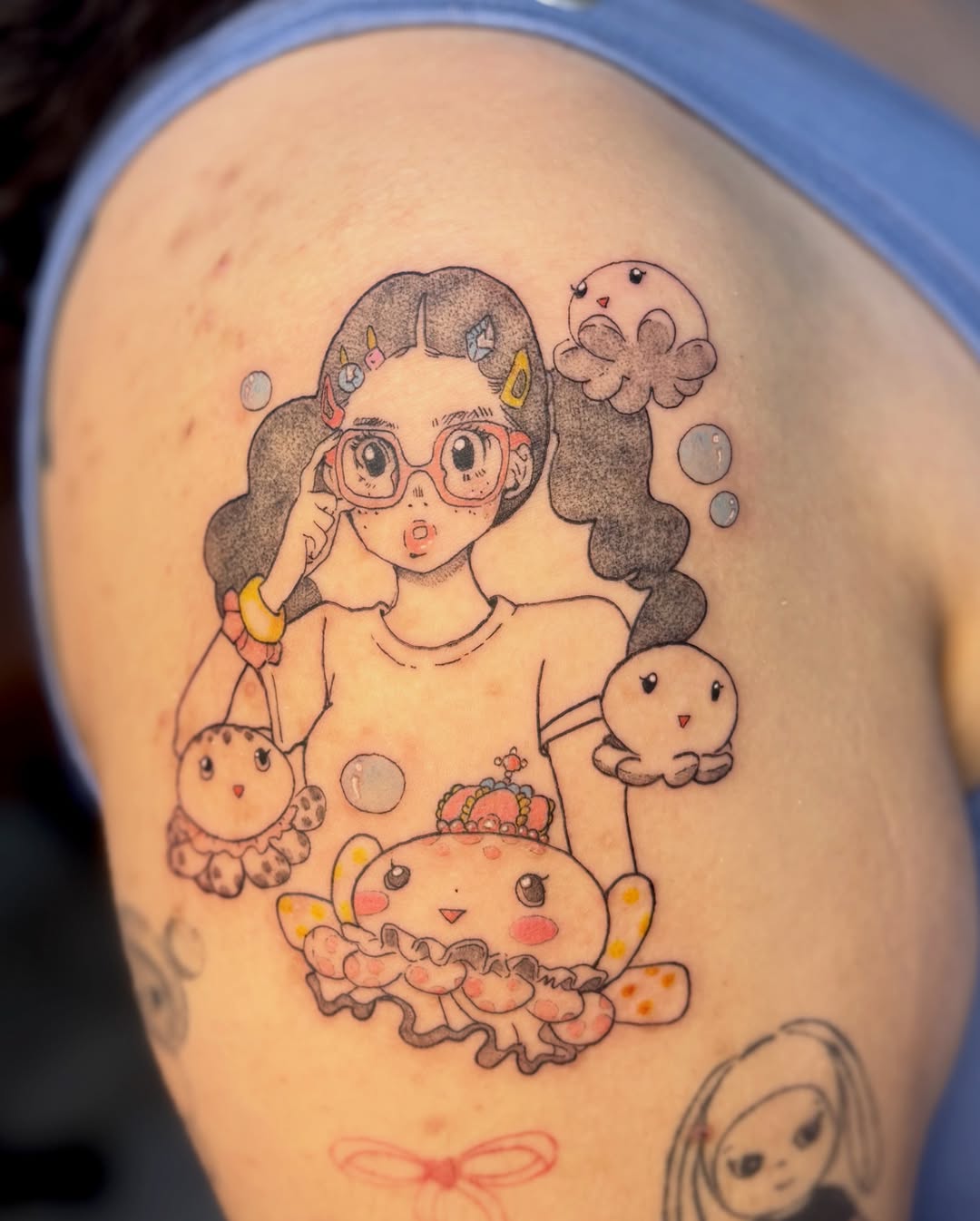 Girl with chickens dotwork tattoo on the shoulder by eli (eh-lee)