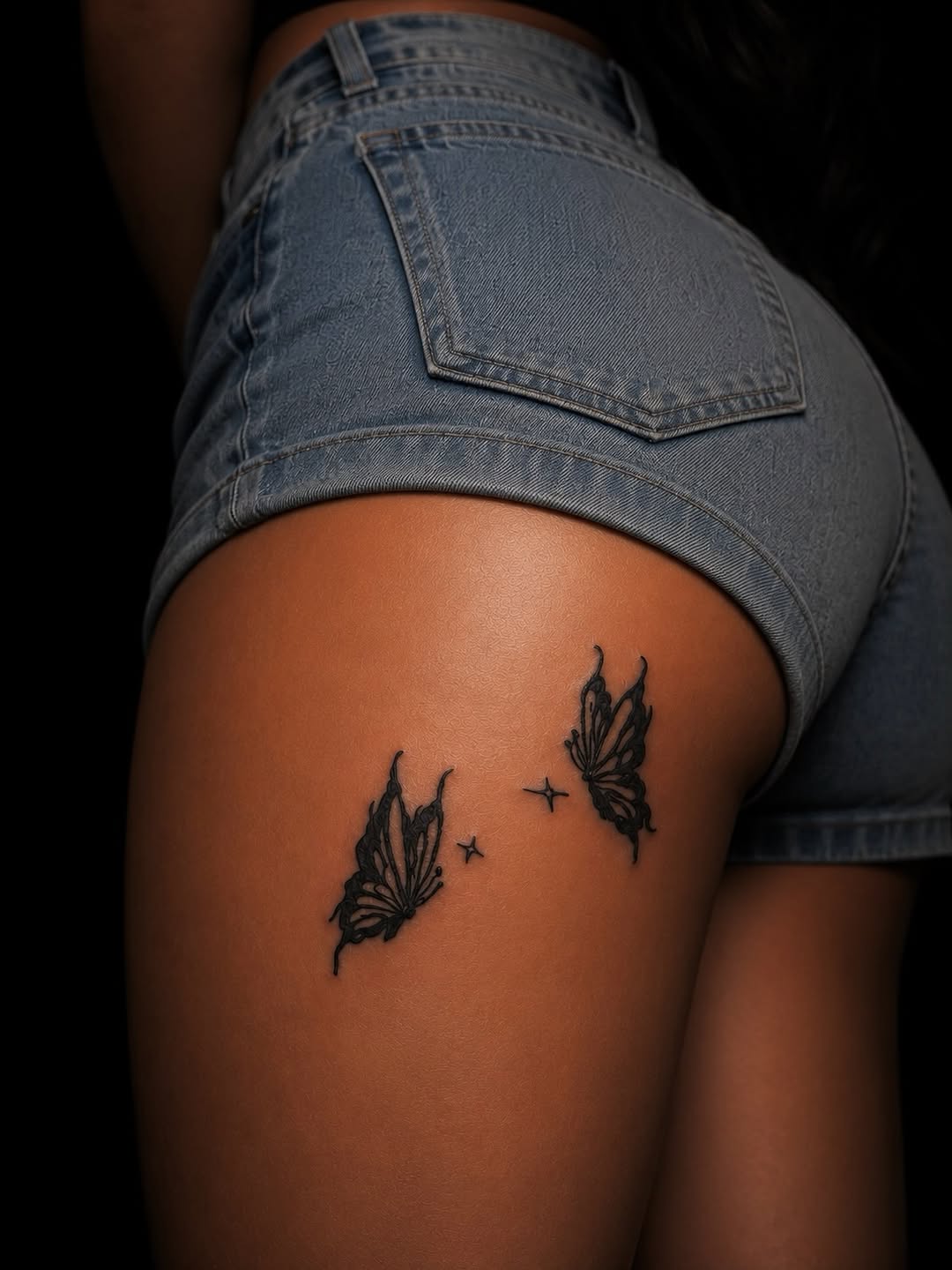 Two butterflies and stars fine line tattoo on the thigh by Montero Ink™