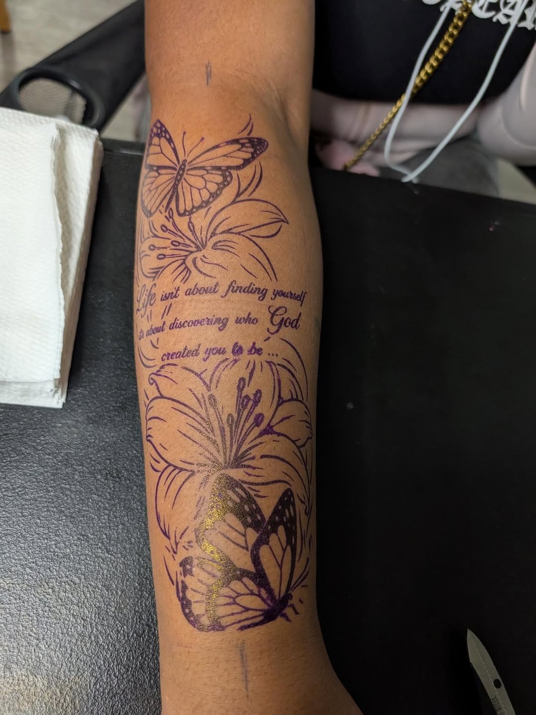 Butterflies and lilies with quote fine line tattoo on the forearm by 𝐁𝐮𝐧𝐧𝐲 𝐒𝐡𝐨𝐩 𝐓𝐚𝐭𝐳 𝐍 𝐂𝐮𝐭𝐳