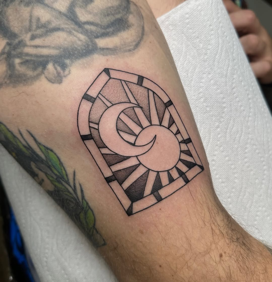 Tattoo by @fatalkatietattoo — geometric, black_and_grey