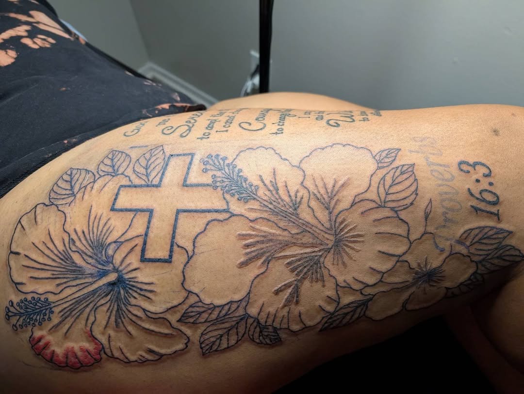Cross and hibiscus flowers with scripture fine line tattoo on the thigh by 𝐁𝐮𝐧𝐧𝐲 𝐒𝐡𝐨𝐩 𝐓𝐚𝐭𝐳 𝐍 𝐂𝐮𝐭𝐳