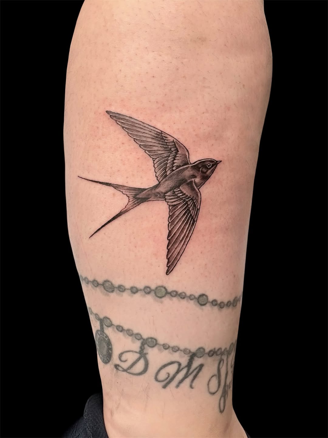 Swallow bird and beaded bracelet fine line tattoo on the forearm by @inkwitatlas