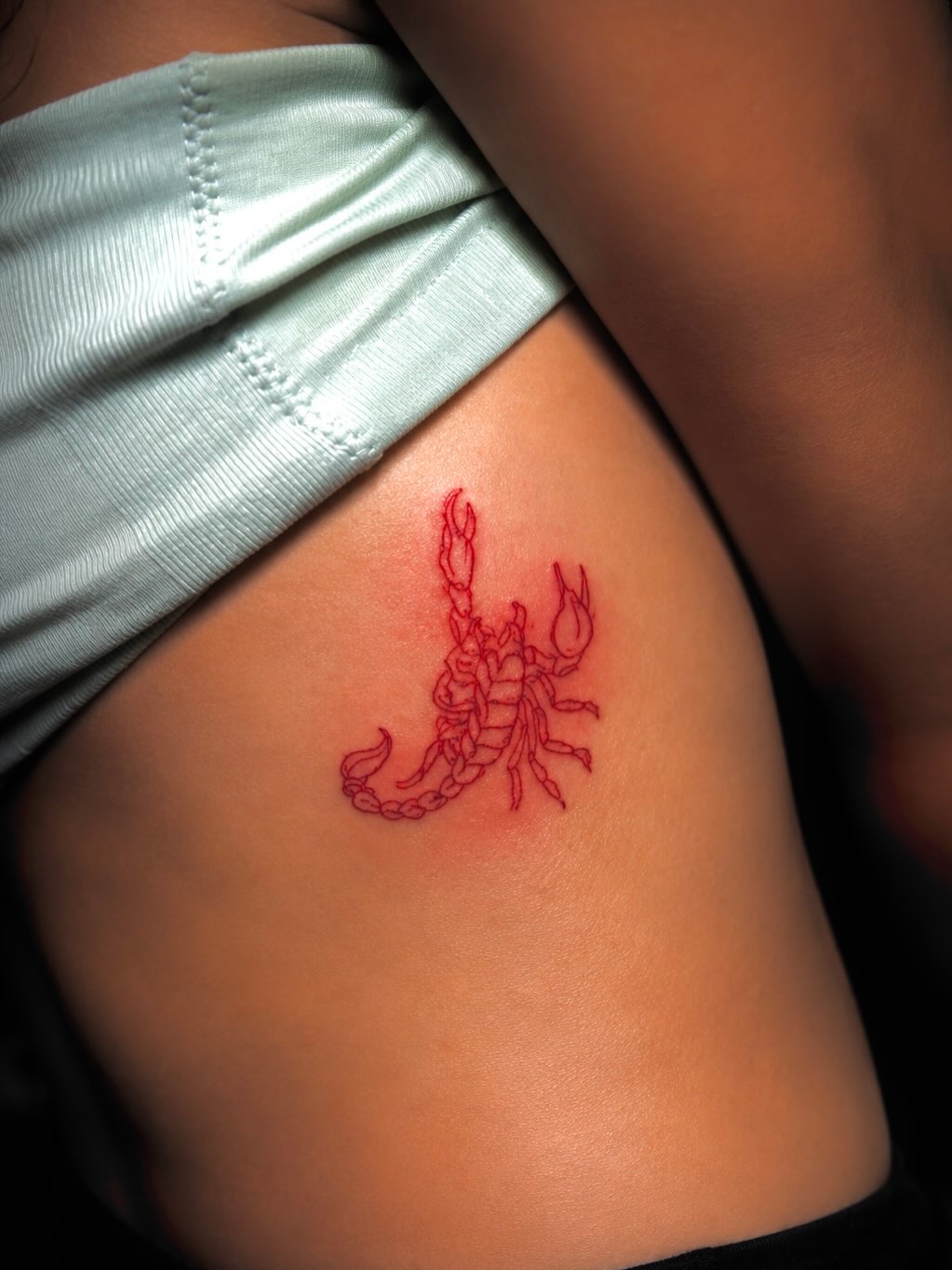 Red line art scorpion fine line tattoo by Montero Ink™