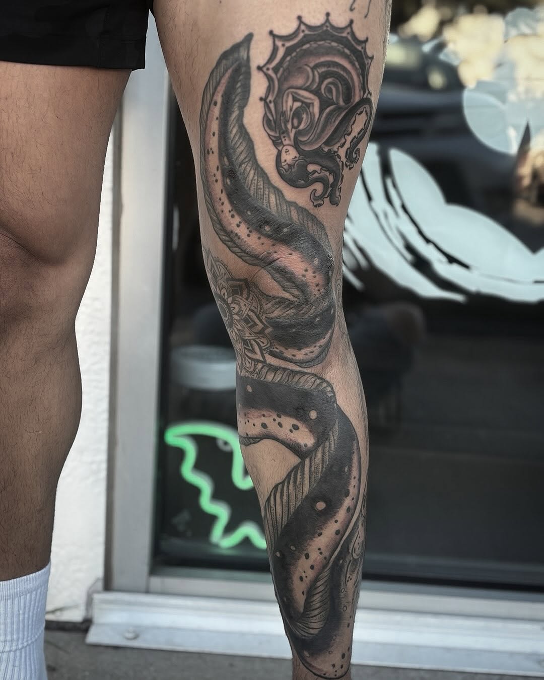 Tattoo by @hannah_thehammer_tattoos — black_and_grey, dark_realism