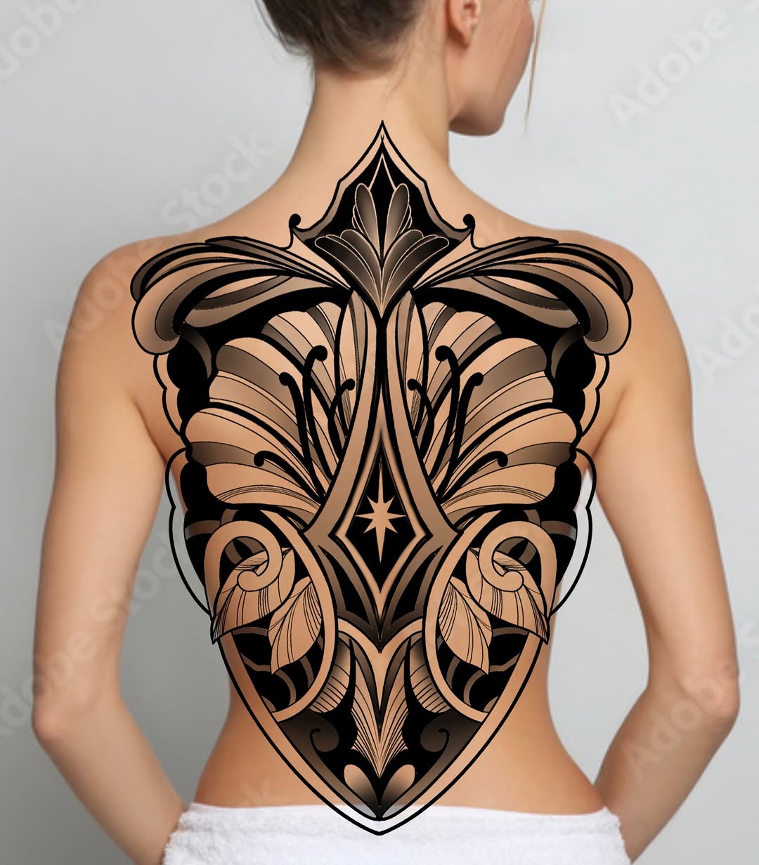 Ornamental back piece tribal tattoo on the back by Tatum