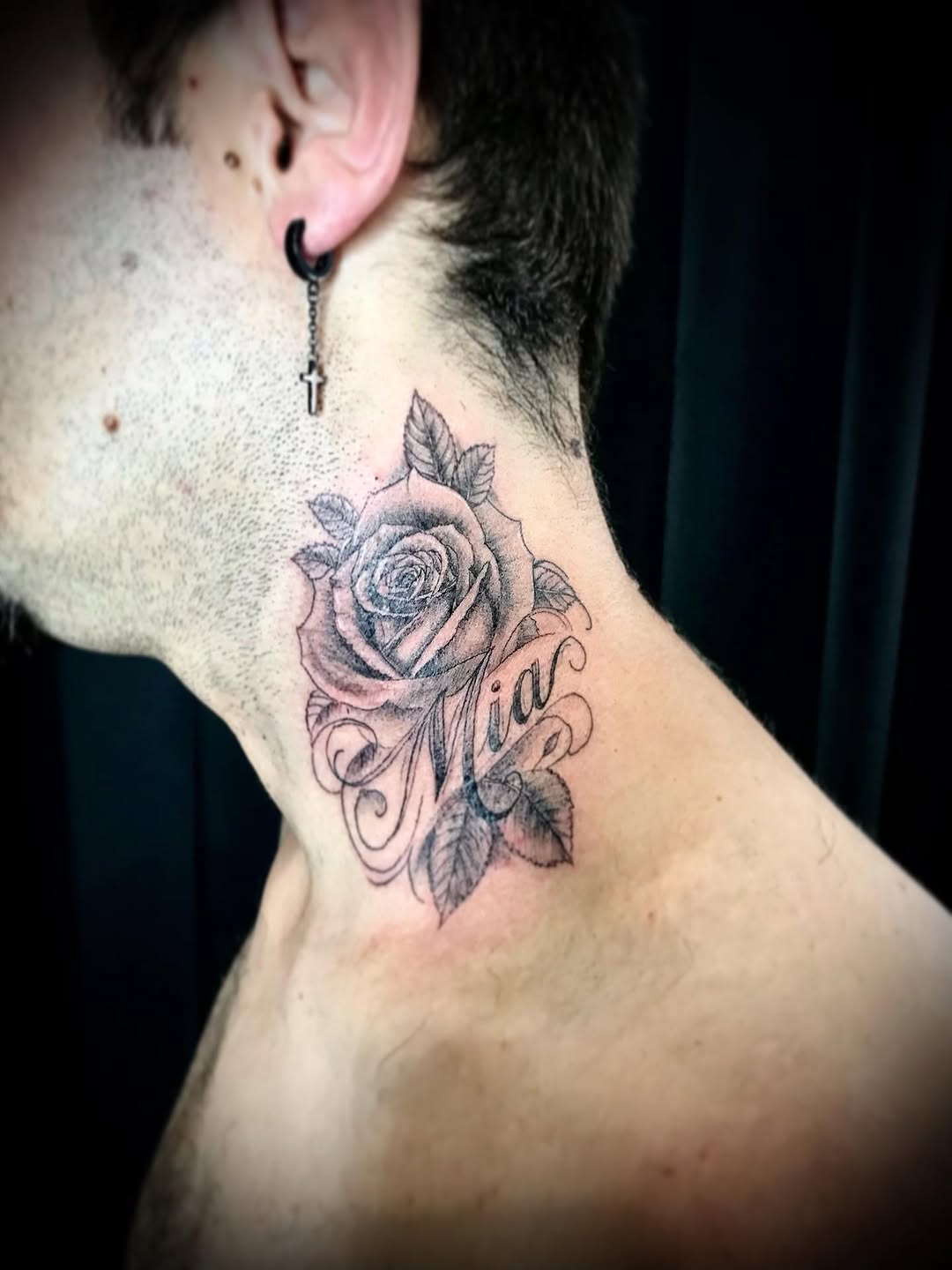 Rose with script lettering dotwork tattoo on the neck by Moss Quito Tattoo