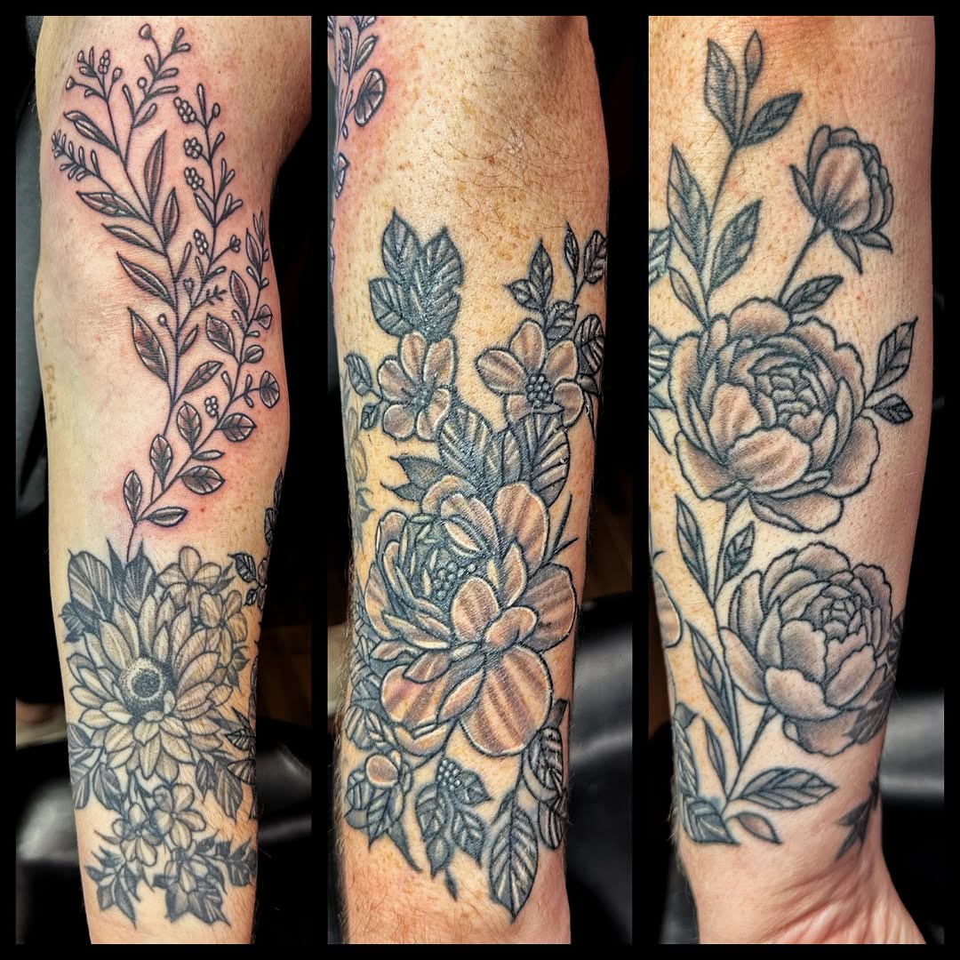 Floral arrangement with leaves and berries dotwork tattoo on the forearm by Anthony Guido
