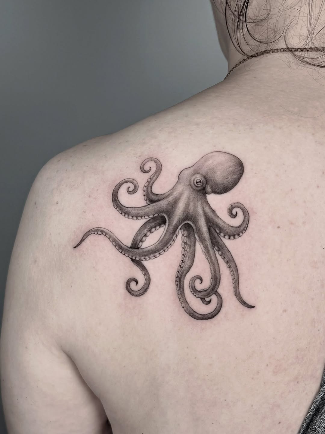 Octopus fine line tattoo on the shoulder by eugene k 🌈, San Francisco, California