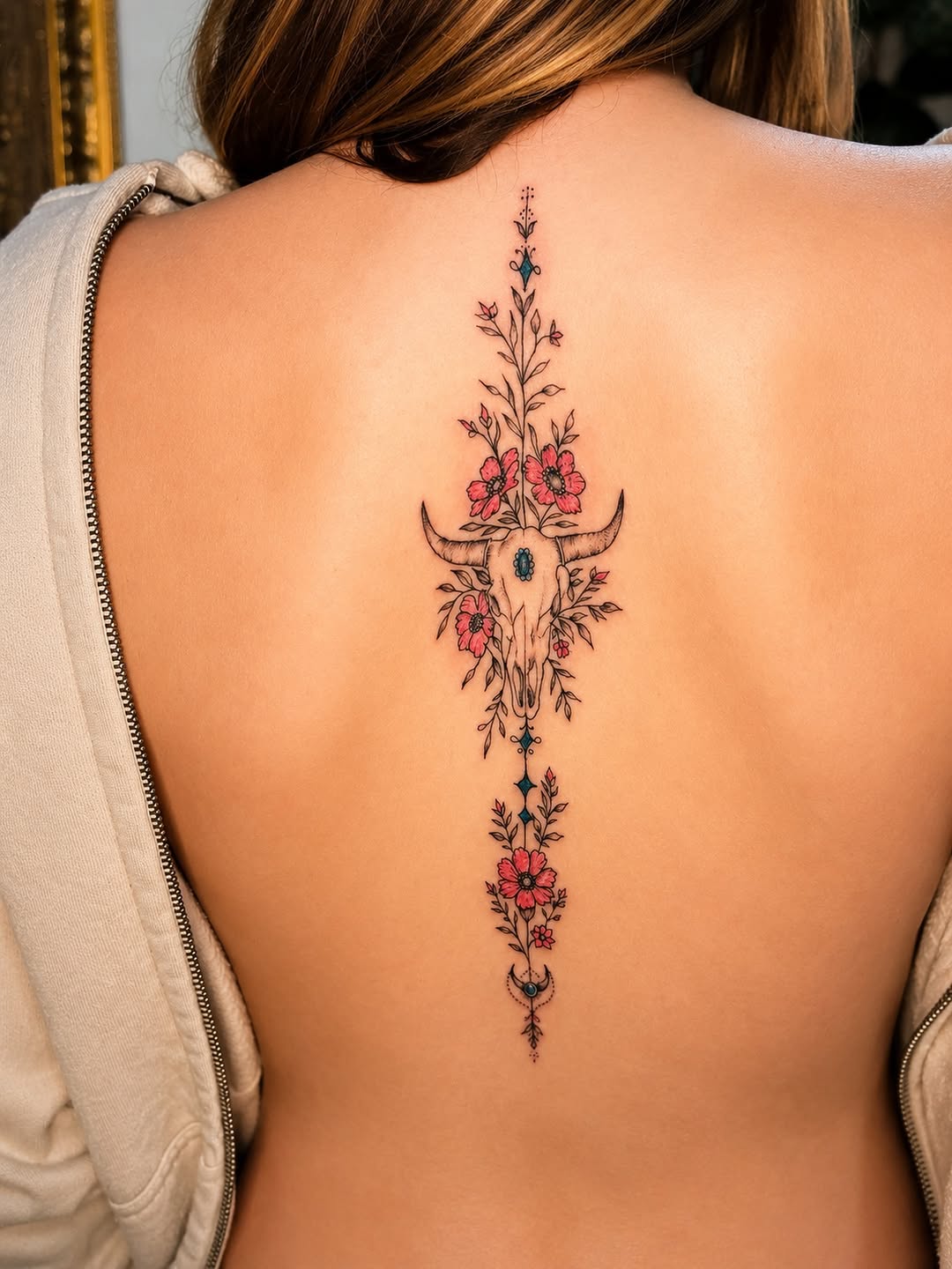 Bull skull with flowers ornamental tattoo on the back by JAmy Winters