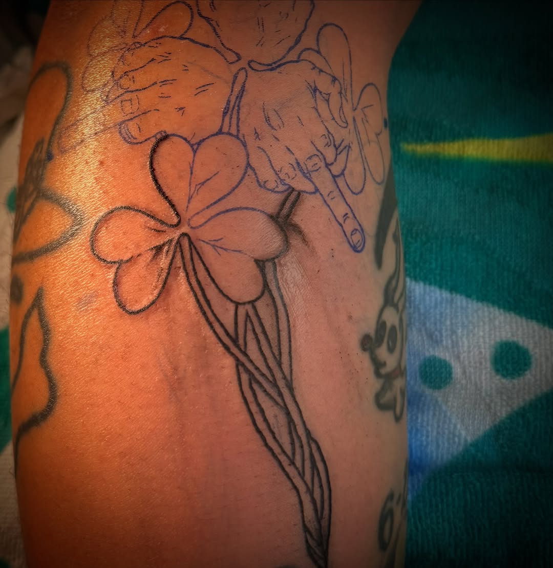 Clover with hands fine line tattoo on the forearm by RVA Tattoo Artist