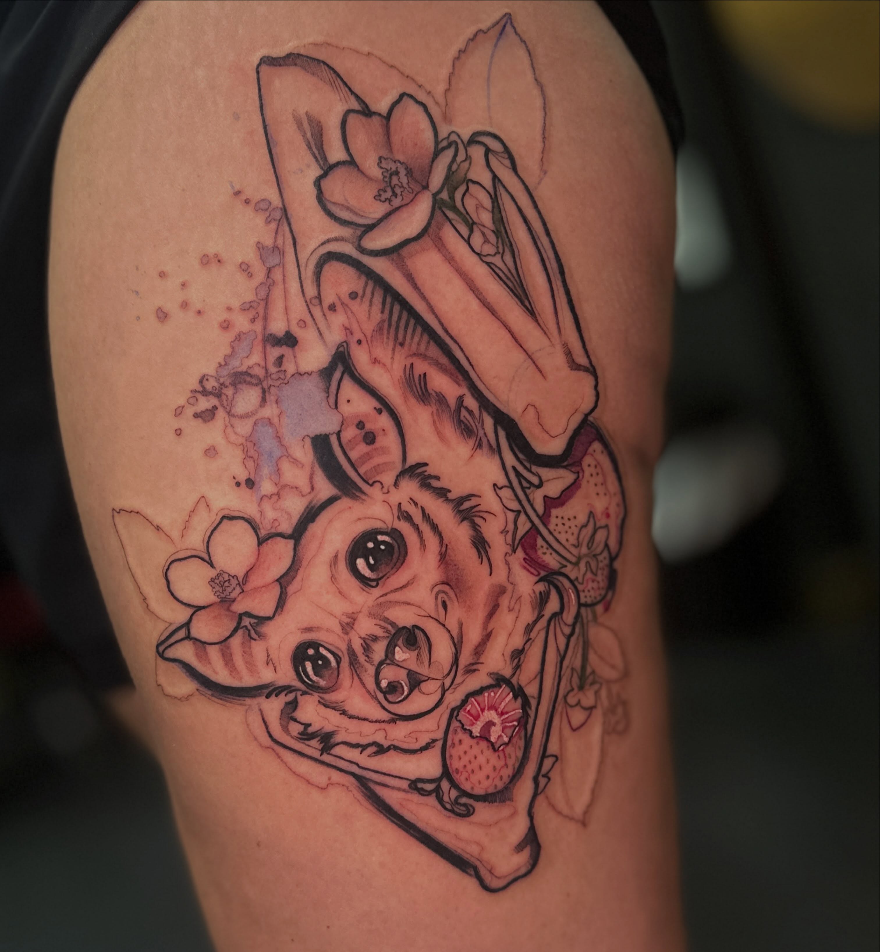 Pig with flowers new school tattoo on the thigh by Mattison Fire 🔥Tallahassee Tattoo Artist