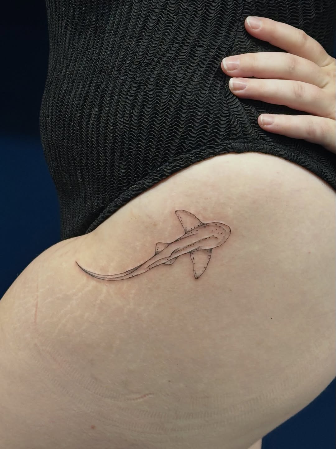 Shark fine line tattoo on the thigh by Tattoo Takayo