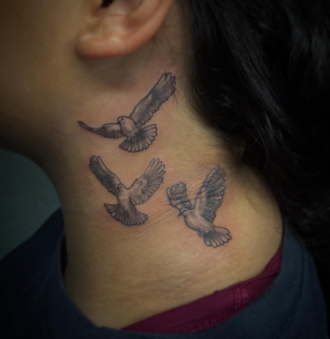 Three flying doves fine line tattoo on the neck by sᴋᴇᴛᴄʜᴇᴅ