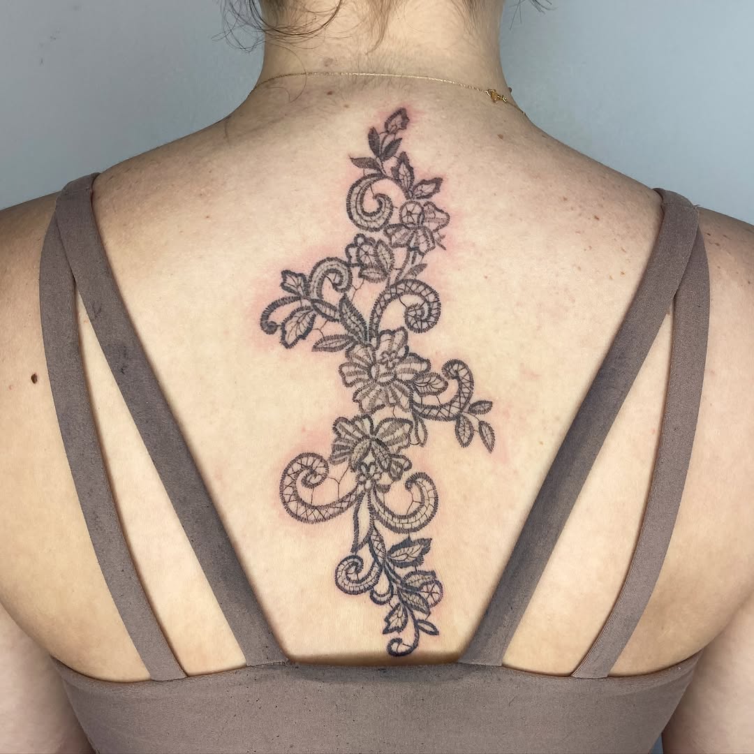 Lace floral design ornamental tattoo on the back by °₊⊹ delia ✩ jane ೃ࿔*