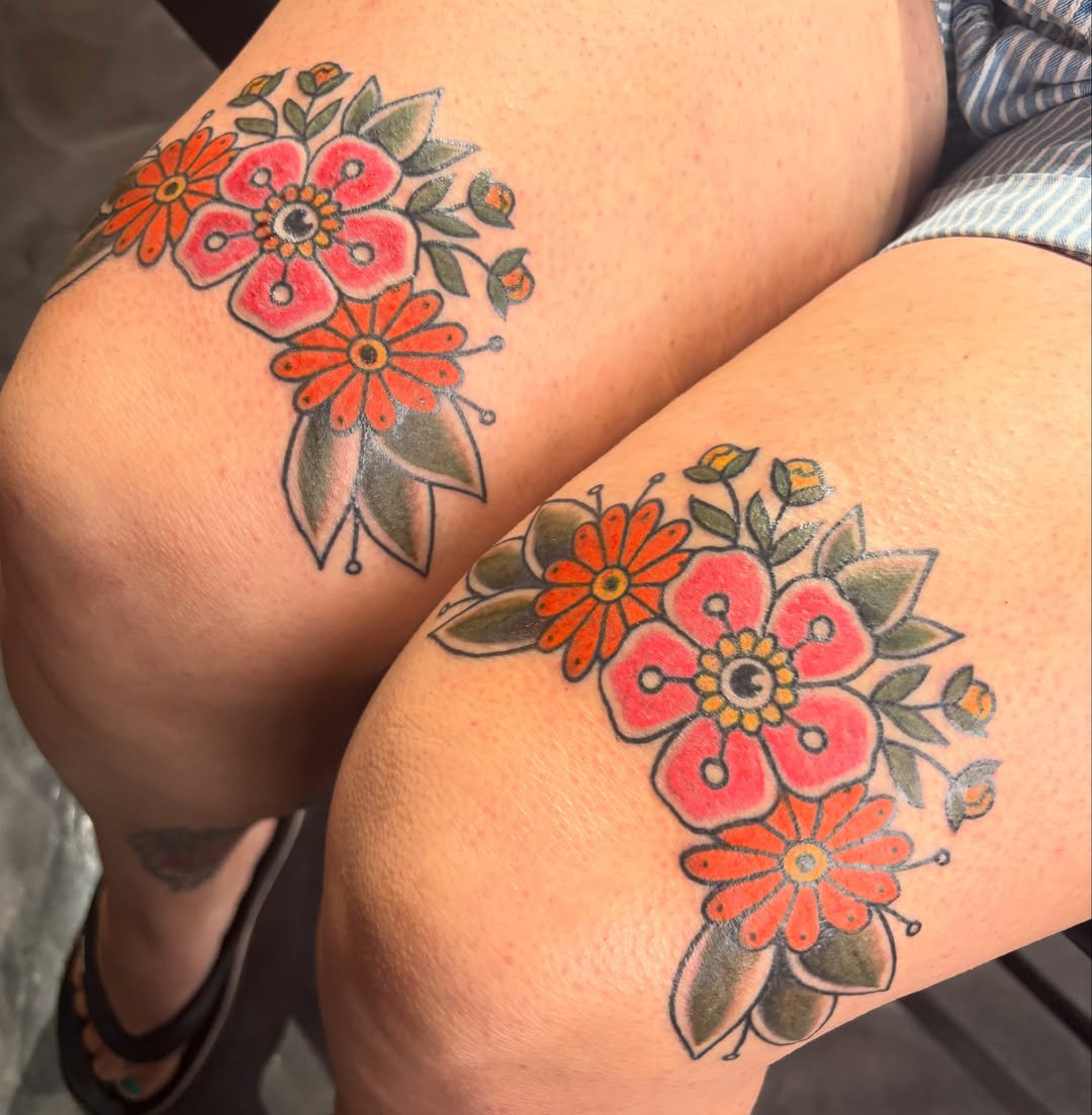 Floral bouquet American traditional tattoo on the thigh by Alex Green, Nashville, Tennessee