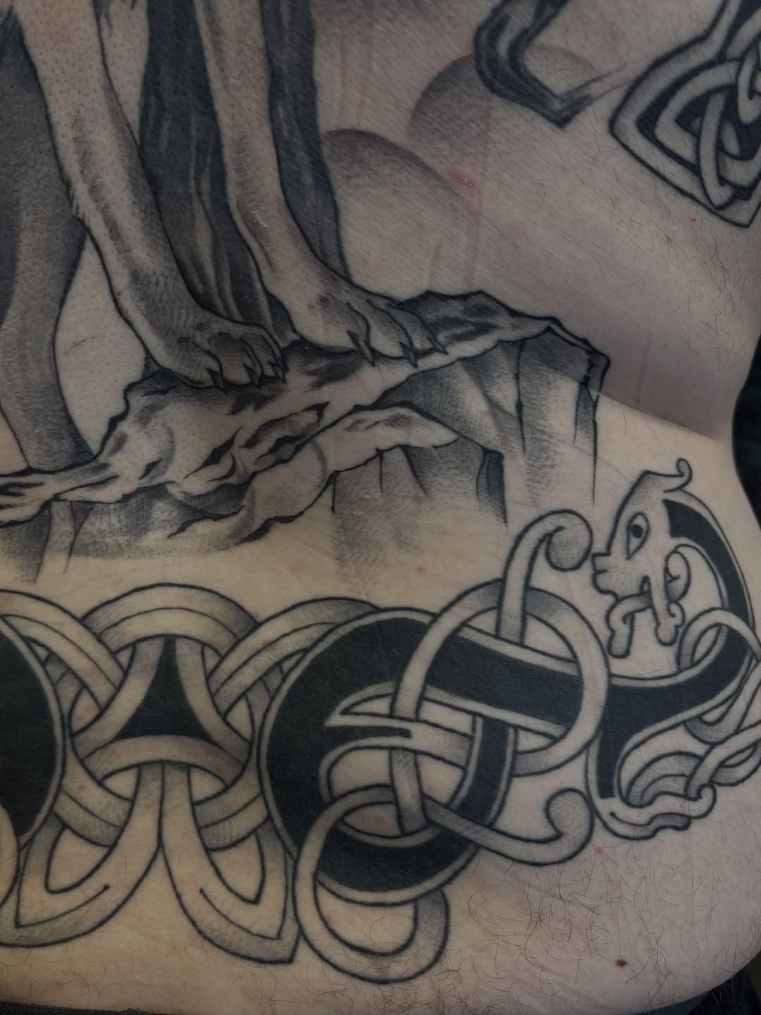 Animal paws and celtic knotwork tribal tattoo on the upper arm by Amelia Rose, Los Angeles, California
