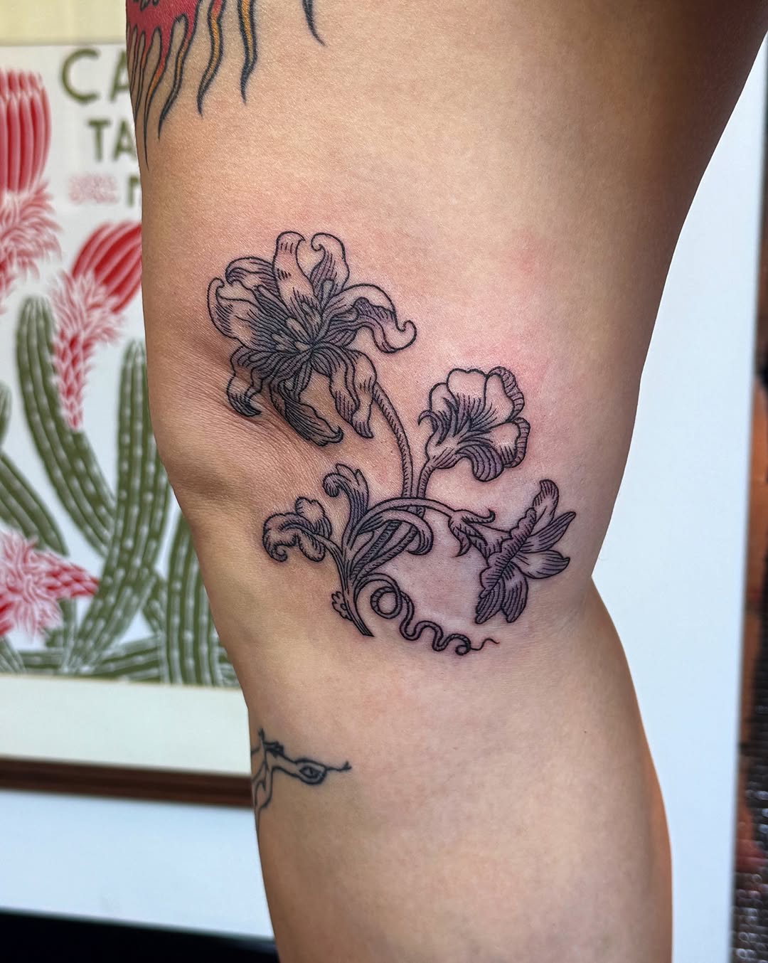 Floral arrangement fine line tattoo on the forearm by Luna Enriquez⚡️, Portland, Oregon
