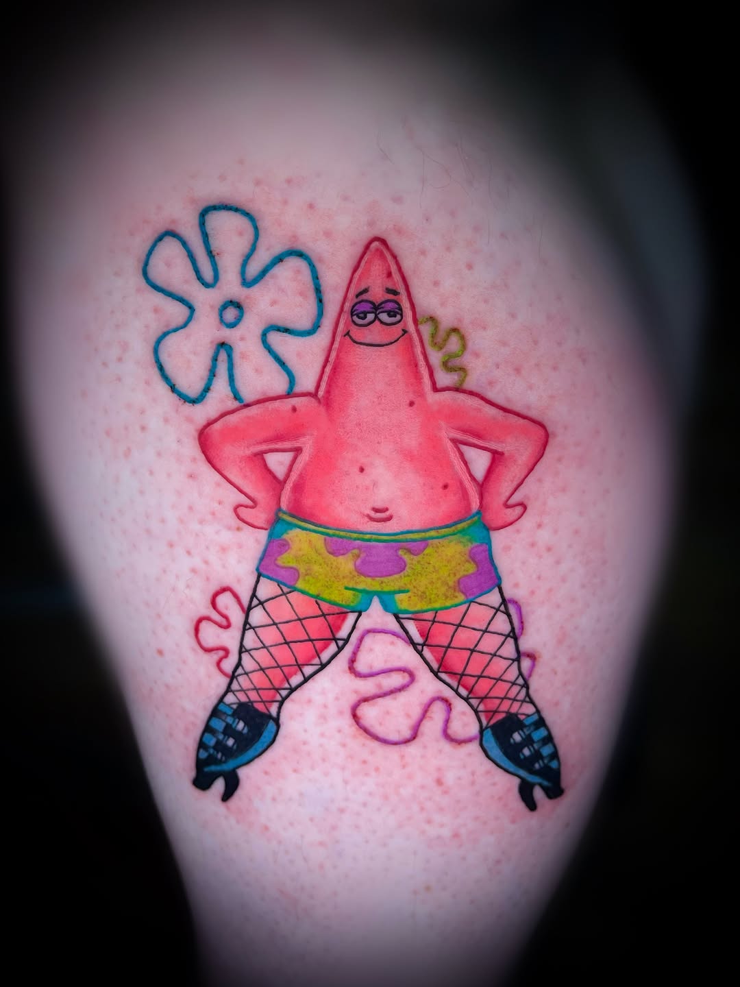 Patrick Star from Spongebob Squarepants new school tattoo on the thigh by Saint