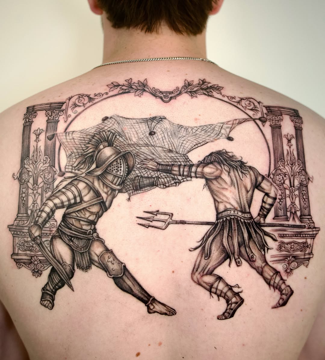 Gladiators fighting sketch tattoo on the back by @lovechasetattoo