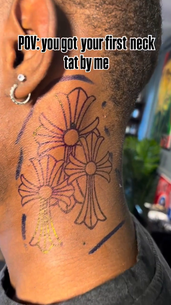 Chrome Hearts crosses on neck cyber sigilism tattoo on the neck by SpicyMvstardInkk