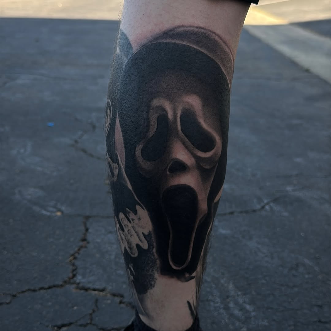 Ghostface mask from Scream realism tattoo on the forearm by Nick Campbell
