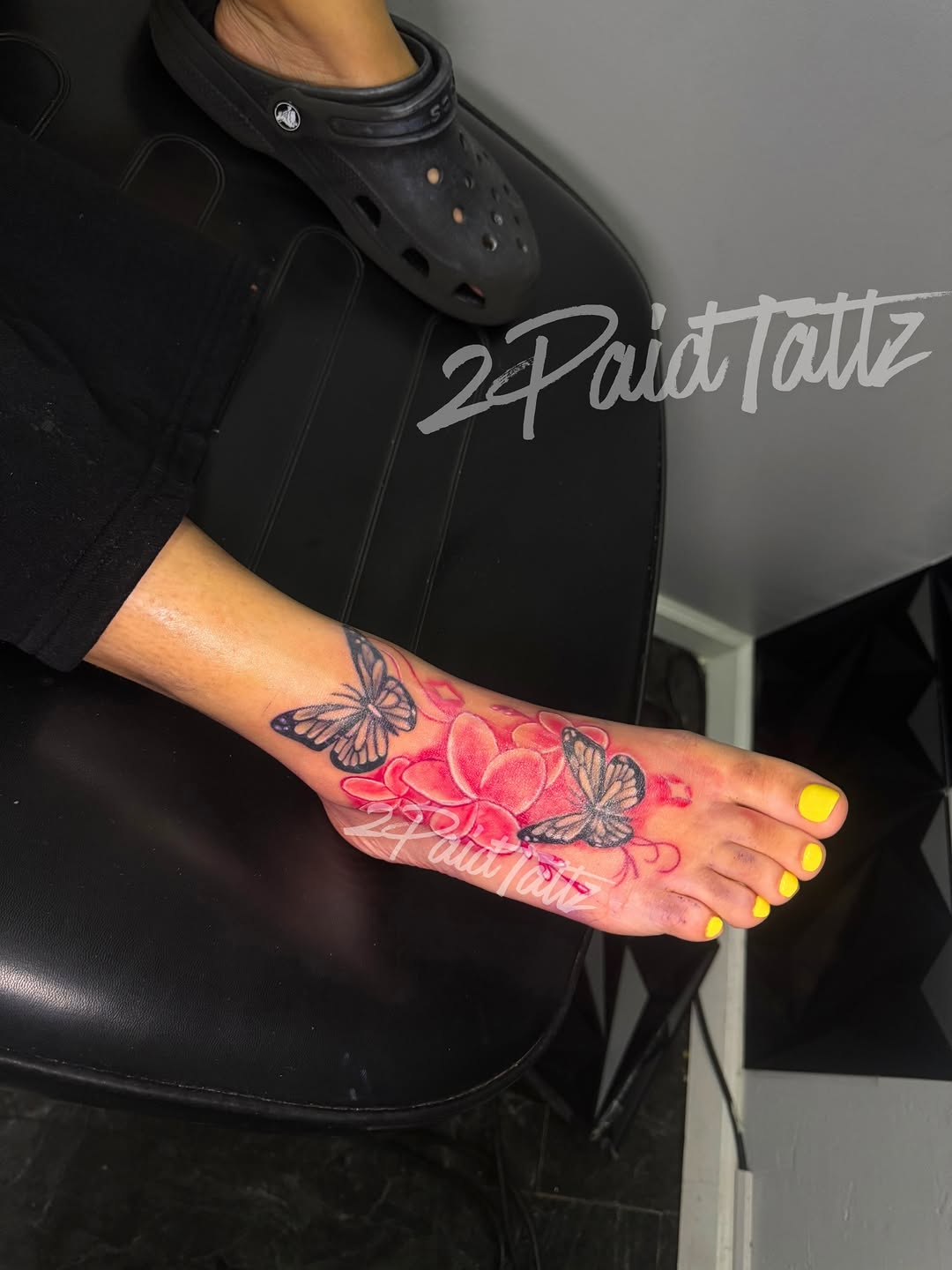 Butterflies and flowers on foot neo-traditional tattoo on the foot by 2PaidTattz