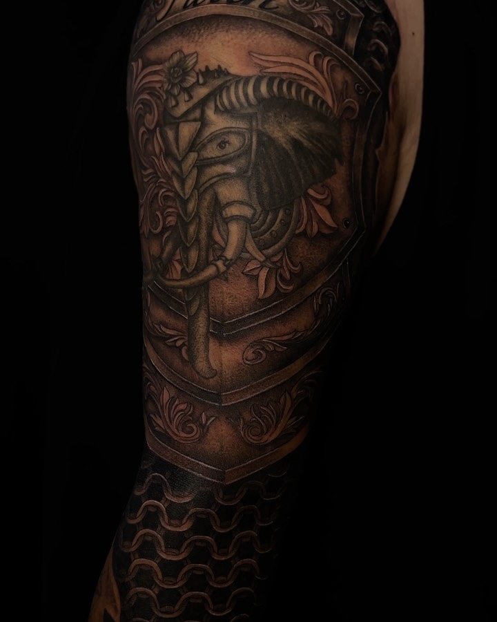 Armored elephant tribal tattoo on the forearm by Iraymi Beltran