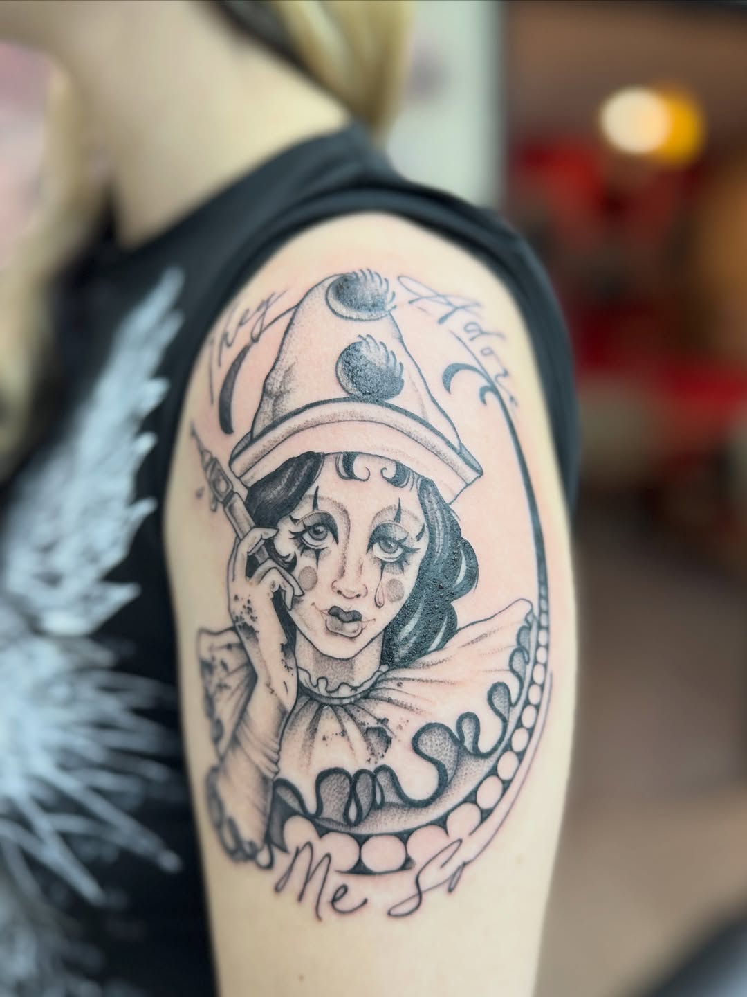 Tattoo by @rebecca.rose.tattoos — black_and_grey, lettering_script