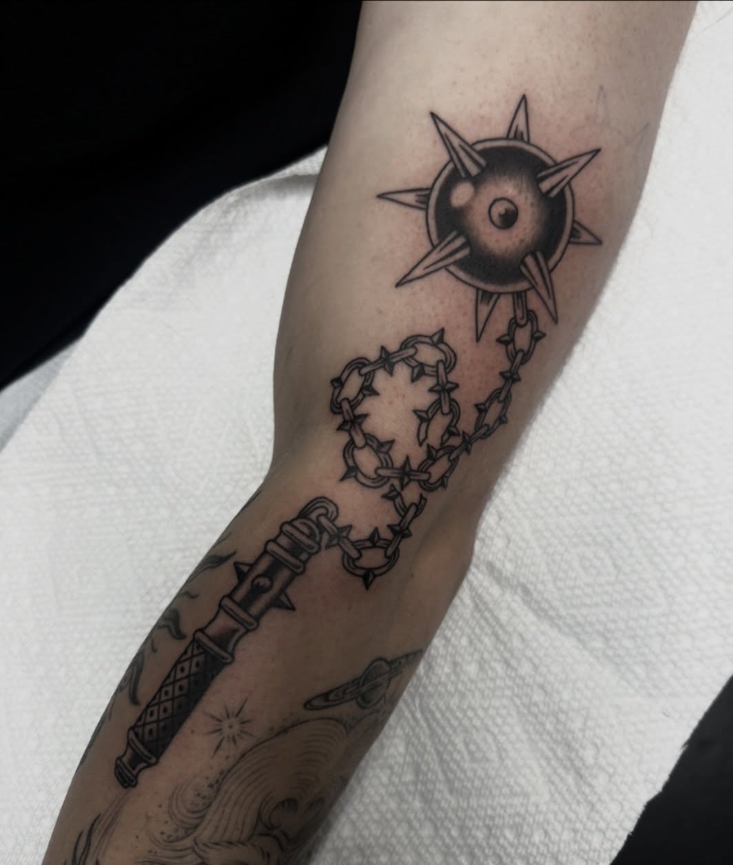Barbed heart key black and grey tattoo on the forearm by ππ¦π βπ¬π²π«π±π°